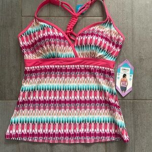 Free Country Pink Teal Patterned Tankini Swim Top